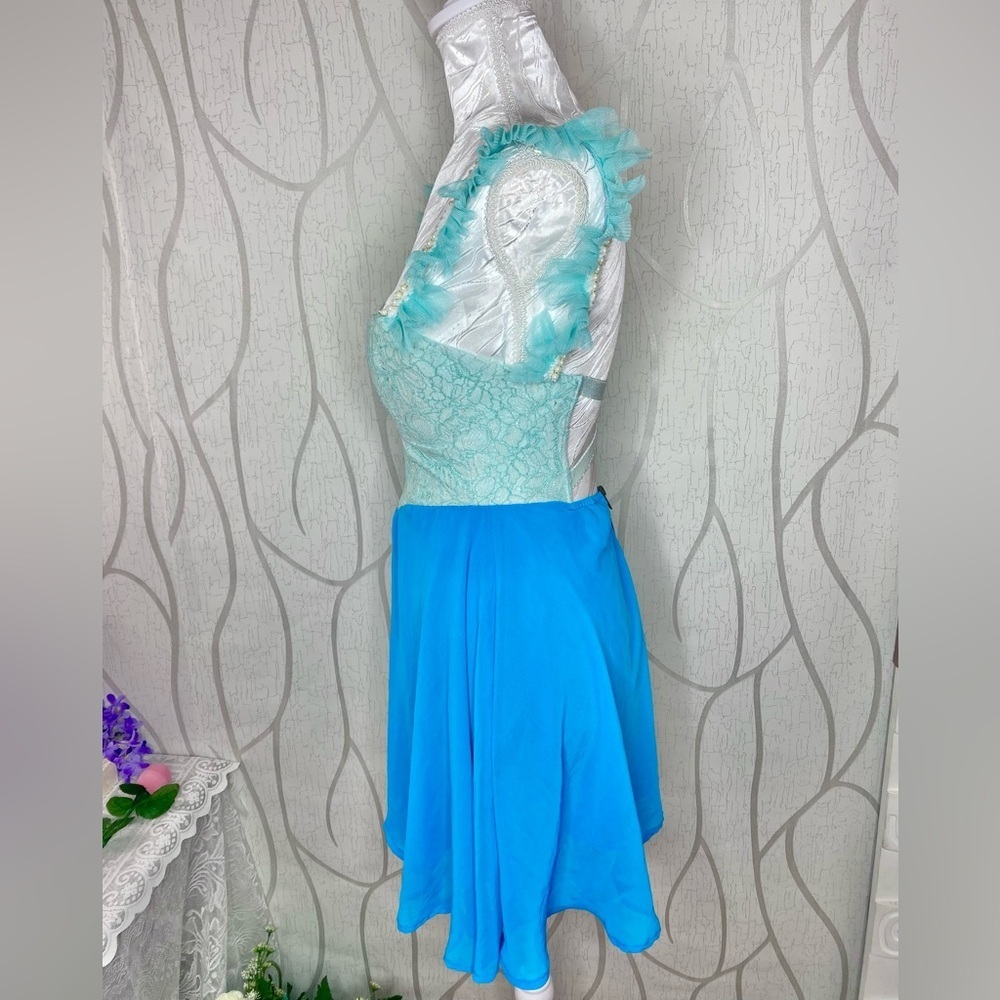 🎀🍒 Blue Green Lace Colourblock Contrast A Line Dress 🍒🎀 Pearl Ruffle Trim Straps - Picture 7 of 13